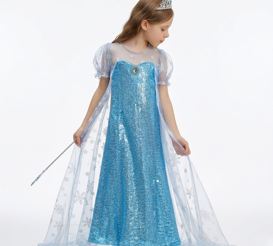 Close-up of a light blue dress with star patterns on a white background