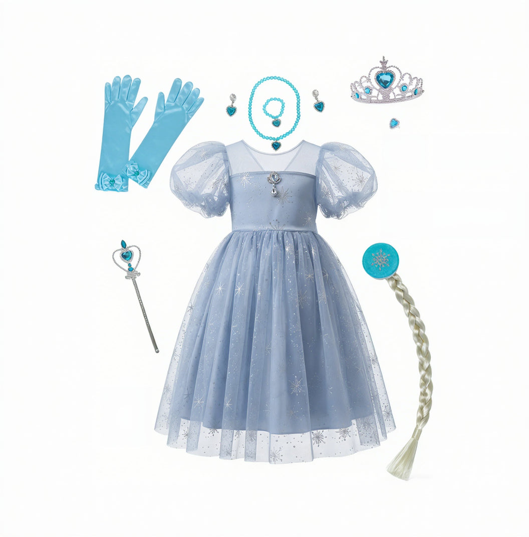 Blue princess dress with accessories including gloves, tiara, wand, and hairband.