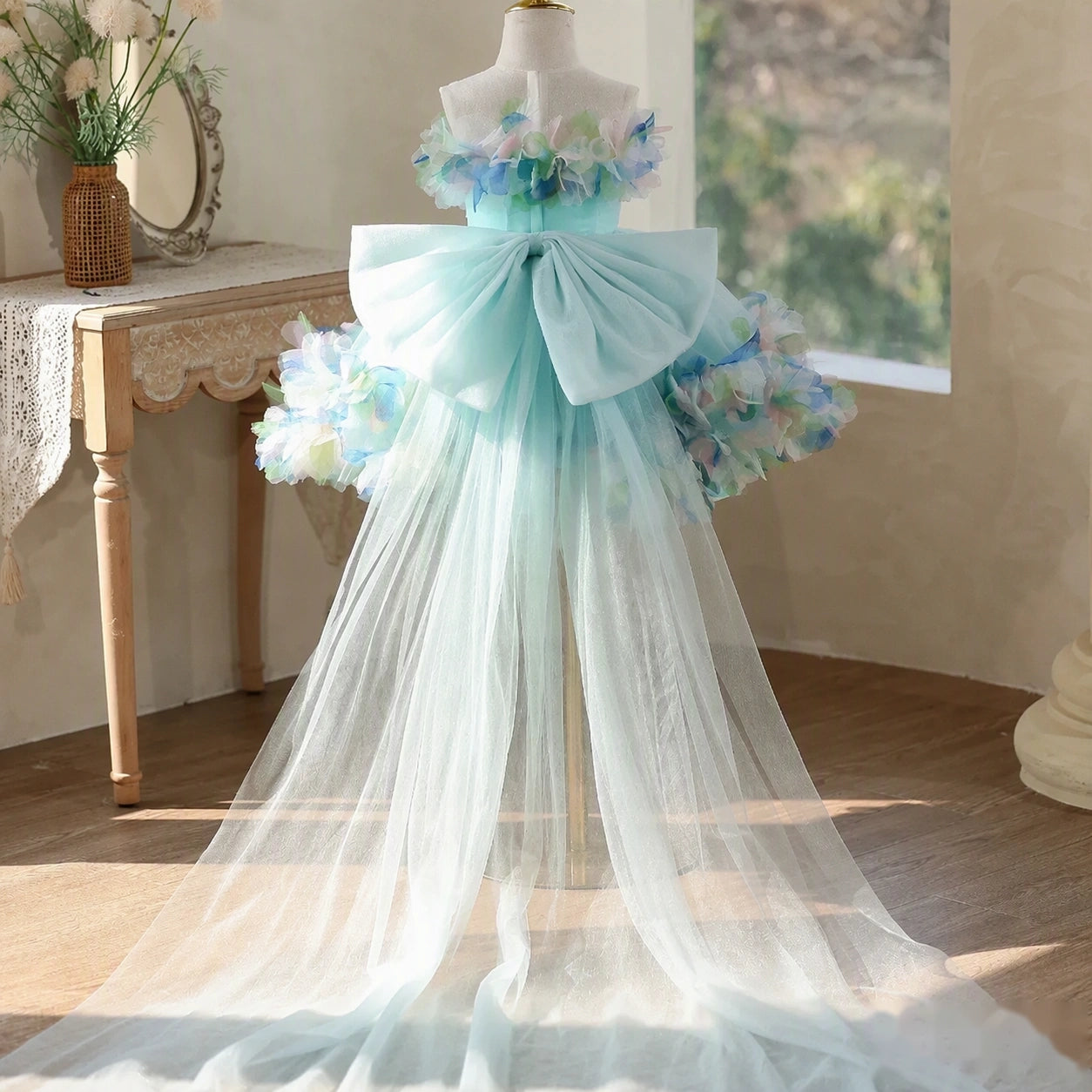 Lake Blue Floral Train Dress | Girls Party Dress | PetitWishes