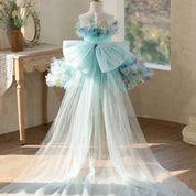 Lake Blue Floral Train Dress | Girls Party Dress | PetitWishes