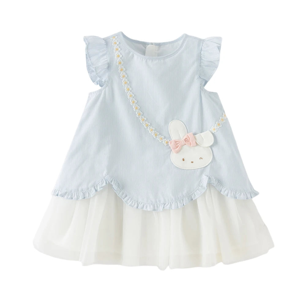 Pale blue bunny dress with daisy trim and layered white skirt, front view