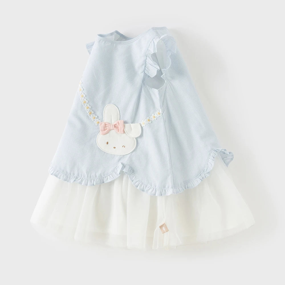 Pale blue bunny dress with white layered skirt, flat front view