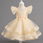 Yellow floral lace girls party dress full front view