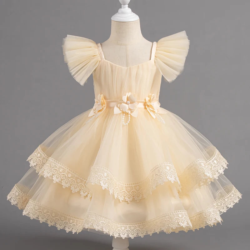 Yellow floral lace girls party dress full front view