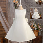 White flower girl dress front view with back detail inset