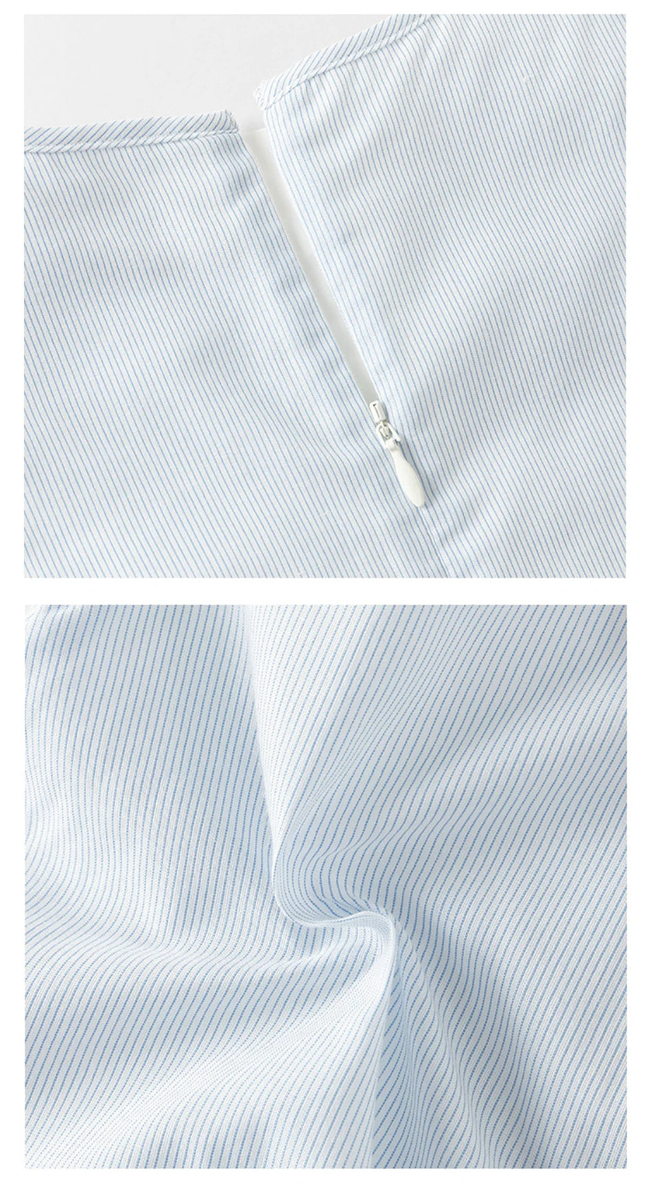 Close-up views of back zipper and blue pinstriped fabric