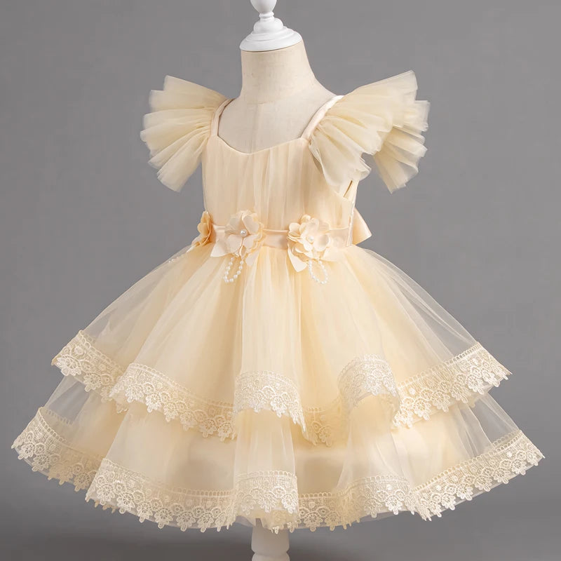 Yellow lace bloom girls party dress front view