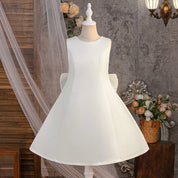 White pearl bow flower girl dress front view