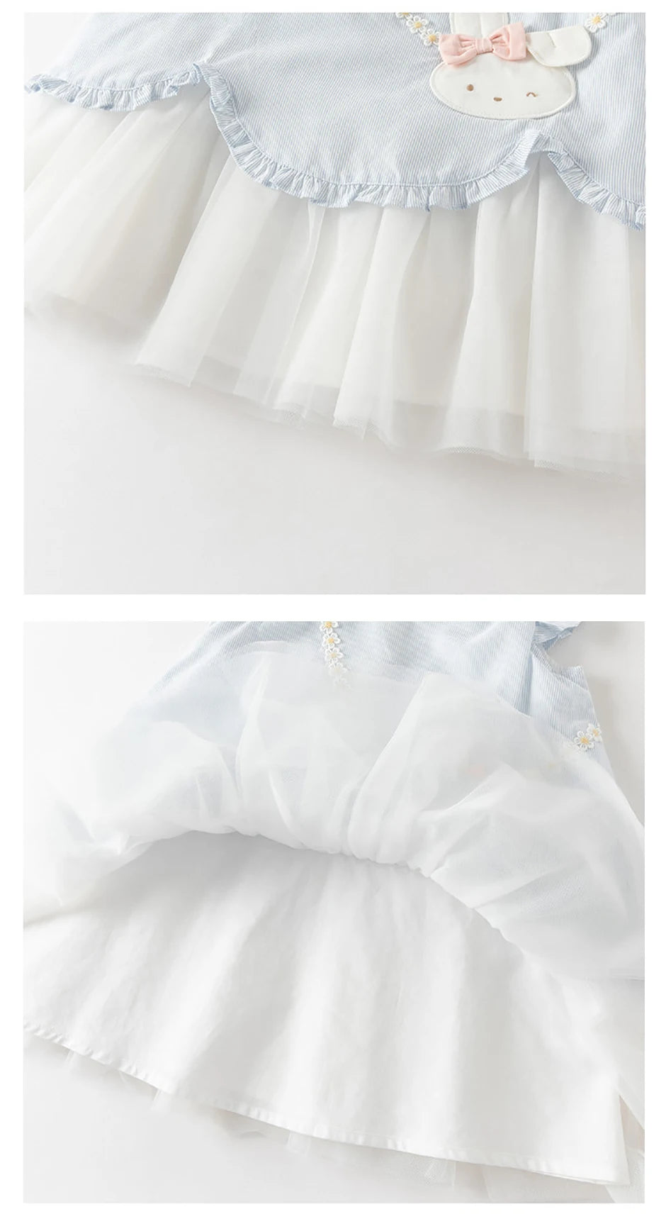 Detail views of layered white skirt and inner lining