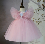 Pink floral tulle girls party dress full front view