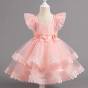 Pink lace bloom girls party dress front view
