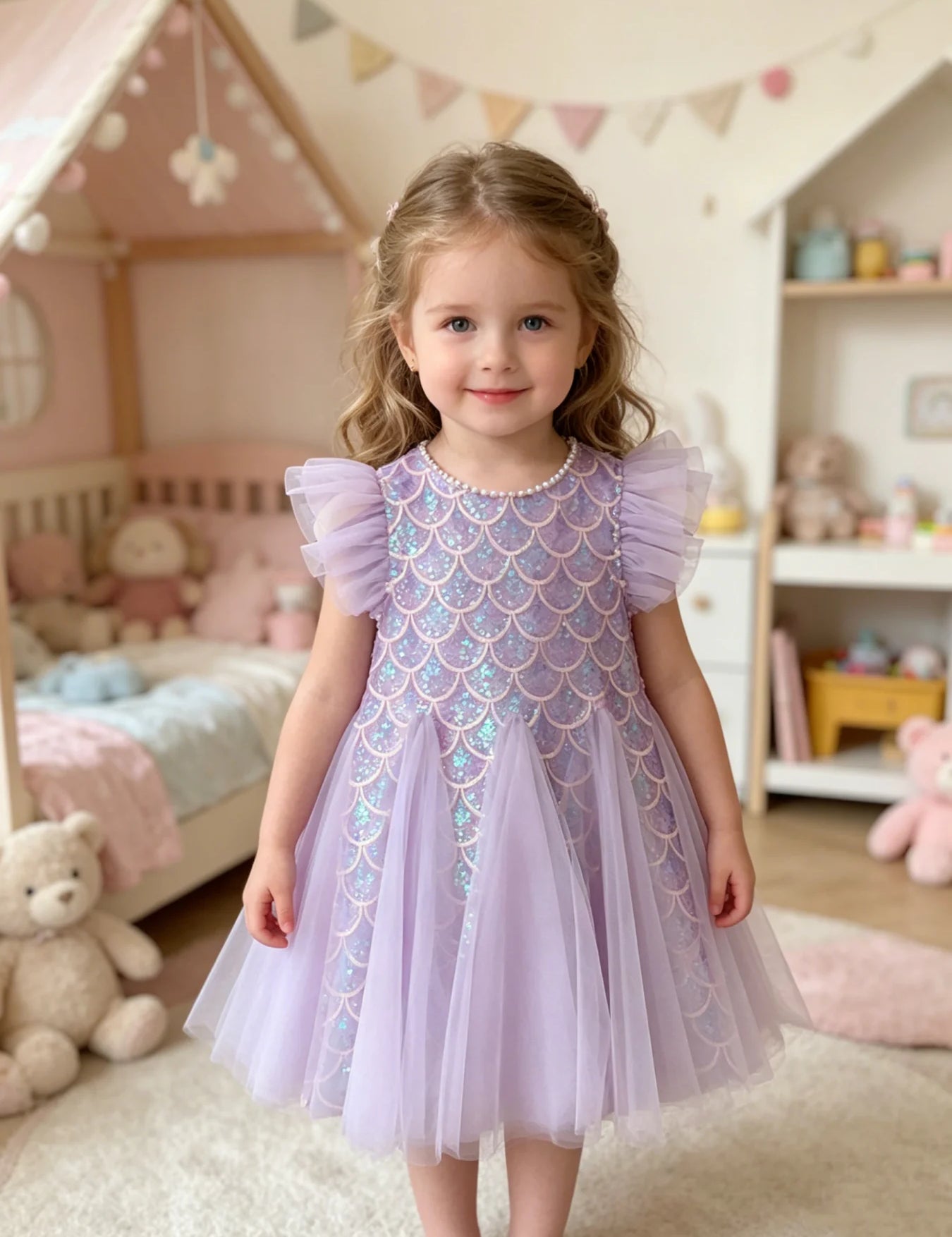 Girl wearing purple sequin mermaid party dress