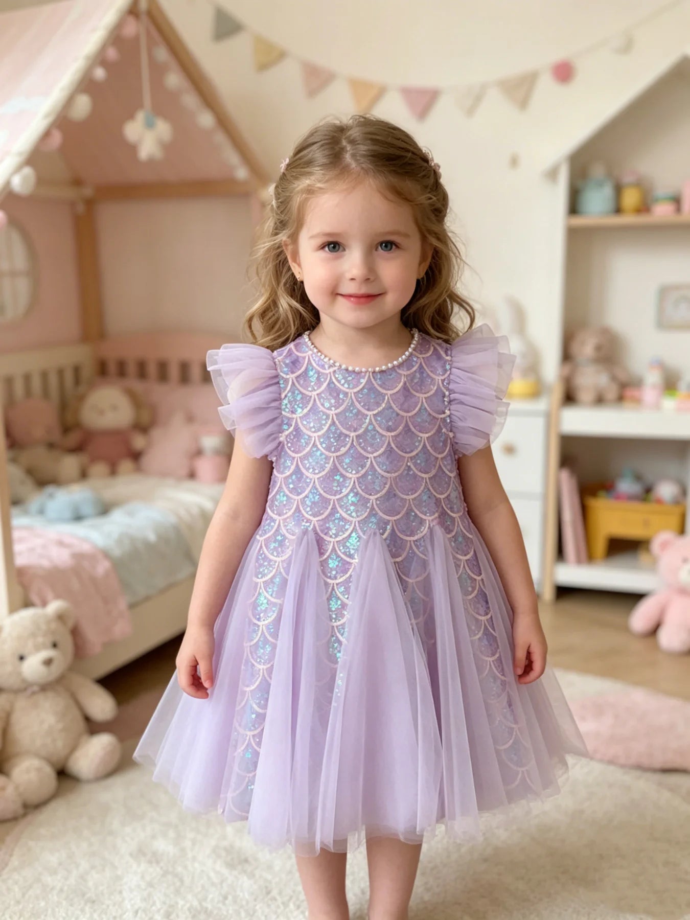 Girl wearing purple sequin mermaid party dress