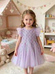 Girl wearing purple sequin mermaid party dress