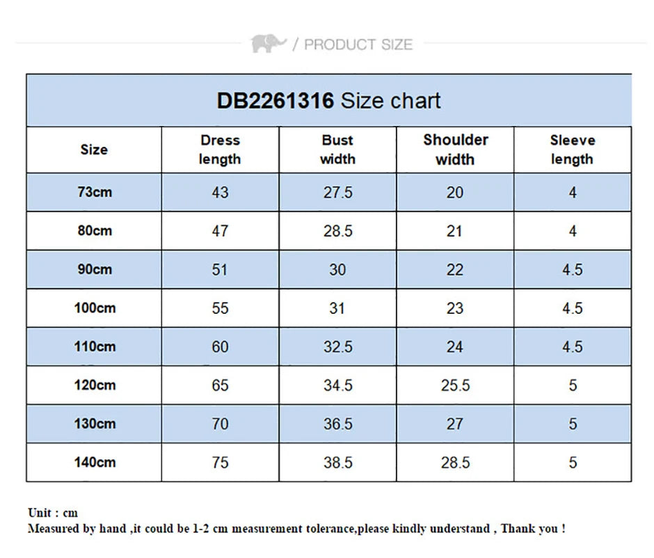 Blue bunny dress size chart from 73 cm to 140 cm