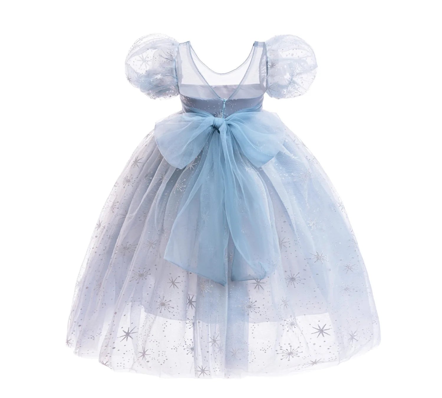 Light blue fairy-tale dress with puff sleeves on a white background
