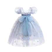 Light blue fairy-tale dress with puff sleeves on a white background