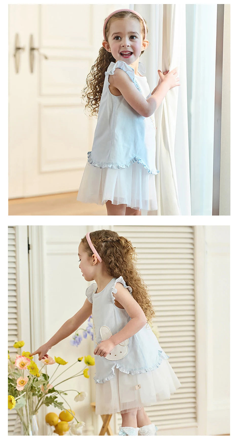 Girl modeling blue bunny dress in side and profile views