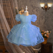 Blue girls party dress with puff sleeves, embroidered bodice and layered skirt, front view