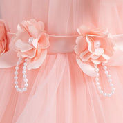 Floral appliqué and pearl-look waist detail on pink dress