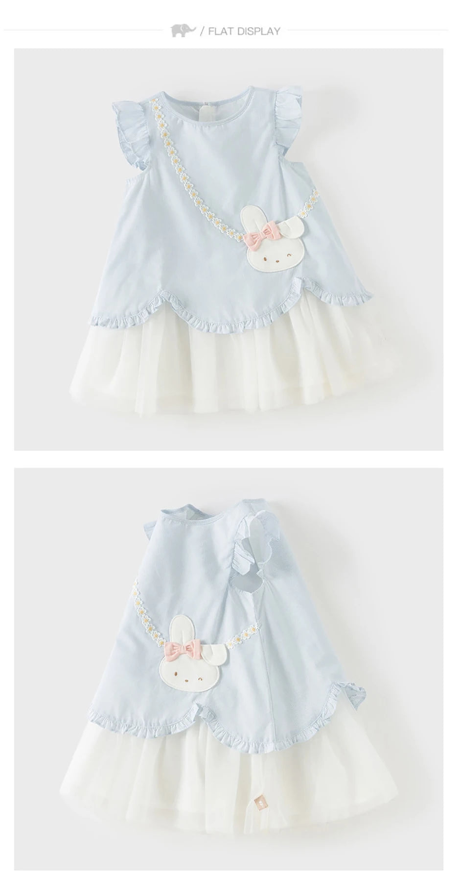 Blue bunny dress flat display in front and angled views
