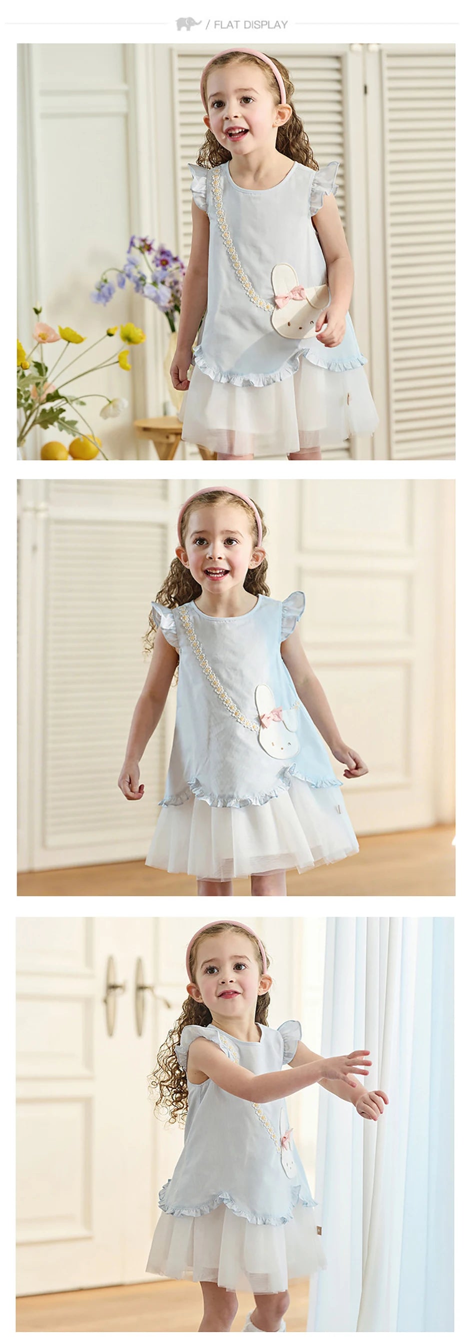Girls blue bunny party dress shown in front and side views