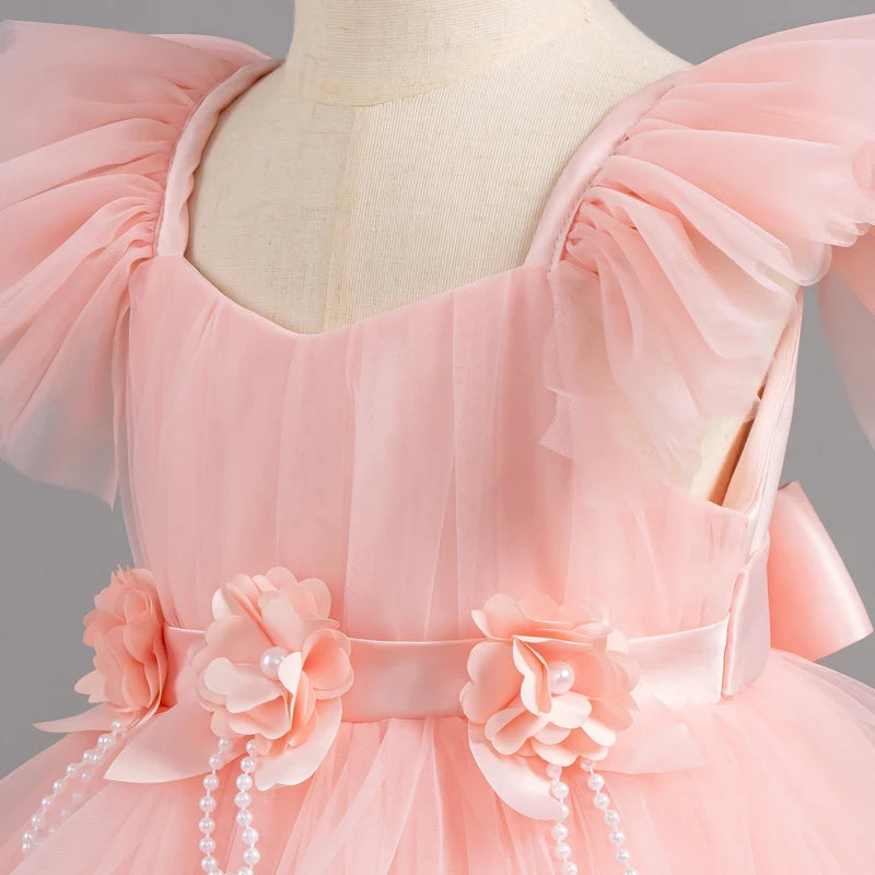 Pleated flutter sleeve and neckline detail on pink party dress