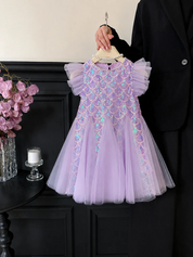 Purple sequin mermaid girls party dress front view