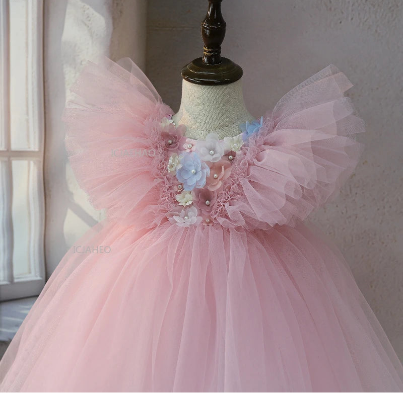 Pink floral bodice and flutter sleeve detail