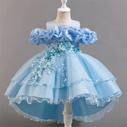 Flower Girl Party Dress for Girls — Tulle Princess Gown, Sleeveless, Elegant Floral Design - babeliobaby - light blue - 110 (3 - 4 Years)
