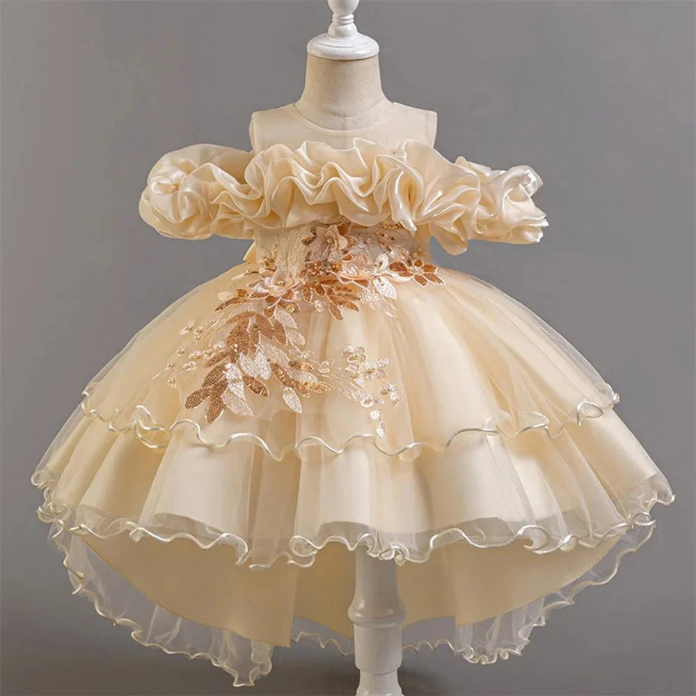 Flower Girl Party Dress for Girls — Tulle Princess Gown, Sleeveless, Elegant Floral Design - babeliobaby - champagane - 110 (3 - 4 Years)