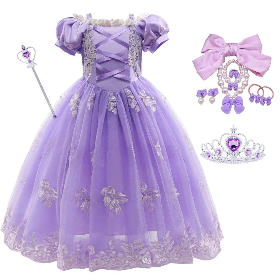 Girls Fairy Tale Princess Dress — Puff Sleeve Tulle Cosplay Gown, Mid - Calf - babeliobaby - RapunzelPurple05 - 2T (Size 100)