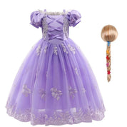 Girls Fairy Tale Princess Dress — Puff Sleeve Tulle Cosplay Gown, Mid - Calf - babeliobaby - RapunzelPurple02 - 2T (Size 100)