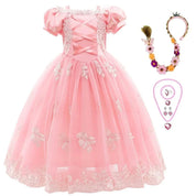 Girls Fairy Tale Princess Dress — Puff Sleeve Tulle Cosplay Gown, Mid - Calf - babeliobaby - RapunzelPink08 - 2T (Size 100)