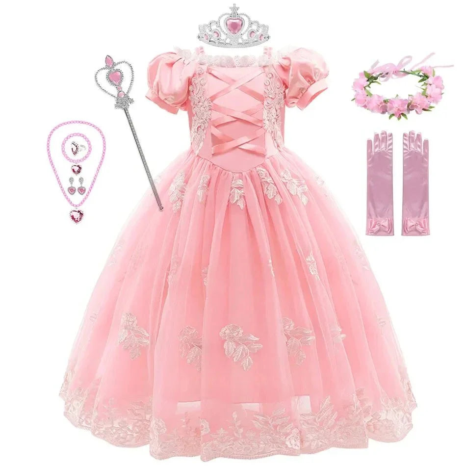 Girls Fairy Tale Princess Dress — Puff Sleeve Tulle Cosplay Gown, Mid - Calf - babeliobaby - RapunzelPink09 - 2T (Size 100)