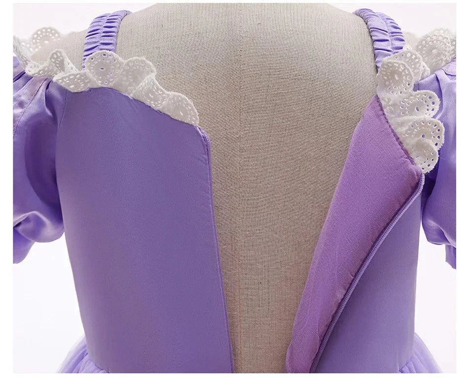 Girls Fairy Tale Princess Dress — Puff Sleeve Tulle Cosplay Gown, Mid - Calf - babeliobaby - RapunzelPurple03 - 2T (Size 100)