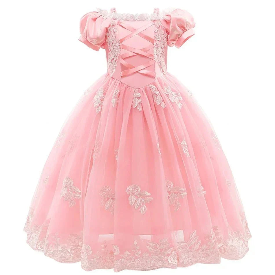 Girls Fairy Tale Princess Dress — Puff Sleeve Tulle Cosplay Gown, Mid - Calf - babeliobaby - RapunzelPurple03 - 2T (Size 100)