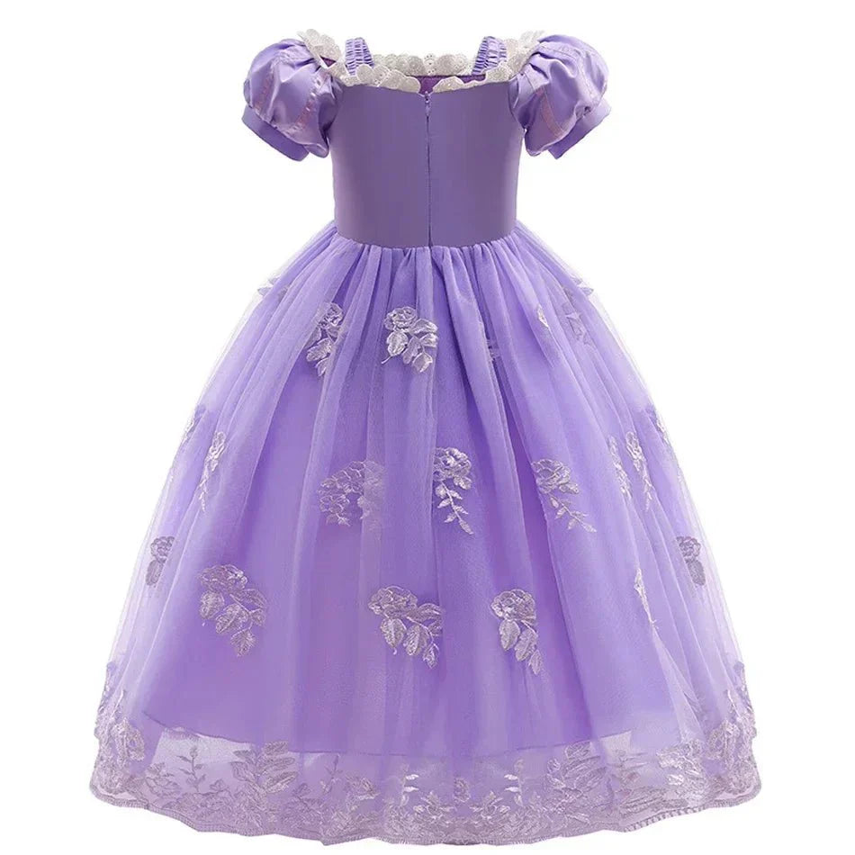 Girls Fairy Tale Princess Dress — Puff Sleeve Tulle Cosplay Gown, Mid - Calf - babeliobaby - RapunzelPurple03 - 2T (Size 100)