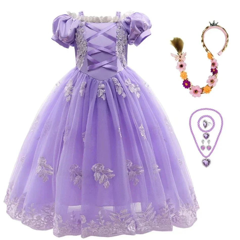 Girls Fairy Tale Princess Dress — Puff Sleeve Tulle Cosplay Gown, Mid - Calf - babeliobaby - RapunzelPurple03 - 2T (Size 100)