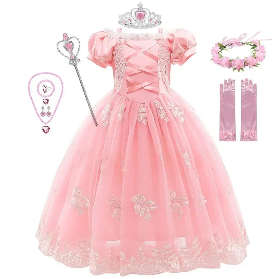 Girls Fairy Tale Princess Dress — Puff Sleeve Tulle Cosplay Gown, Mid - Calf - babeliobaby - RapunzelPurple03 - 2T (Size 100)