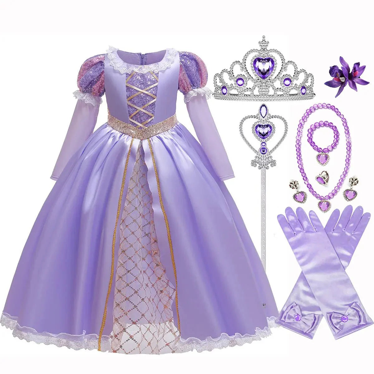 Girls Purple Princess Dress — Long Sleeve Fairytale Cosplay Gown with Accessories - babeliobaby - Set 5 - 2 - 3T (100)