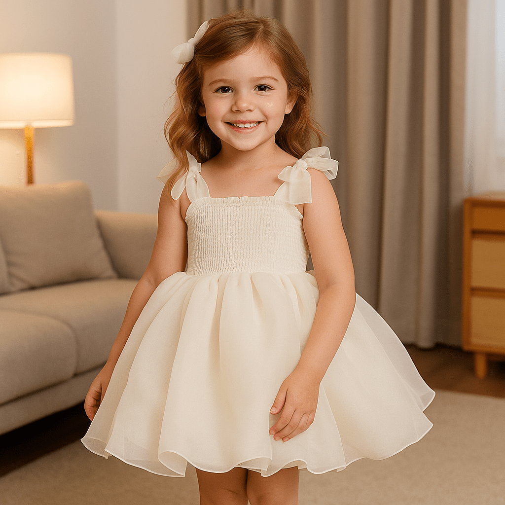 Babelio toddler girl in white princess summer dress with bows, smiling in living room