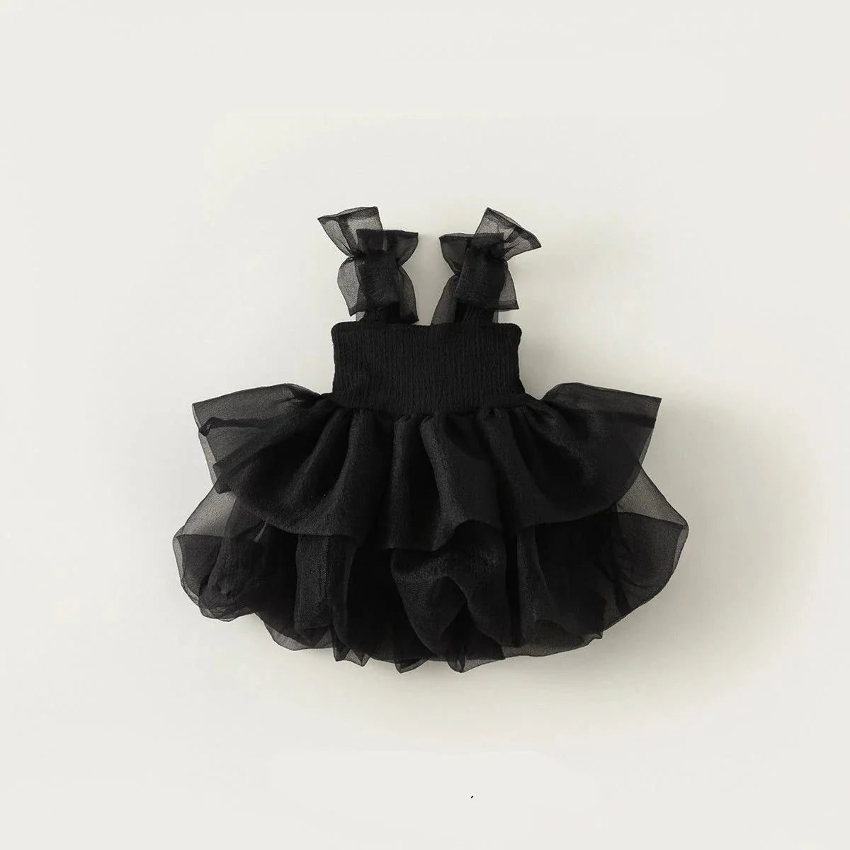 Babelio black ruffle toddler dress with bow straps, displayed on white background