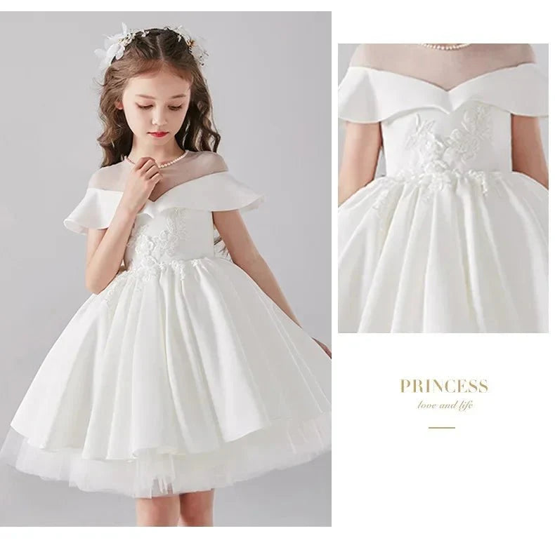 Babelio elegant white flower girl dress with floral lace details, formal occasion attire